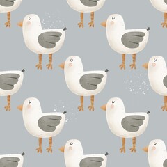 seamless pattern with cartoon gull, decor elements. colorful illustration, flat style. design for fabric, textile, print, wrapper.