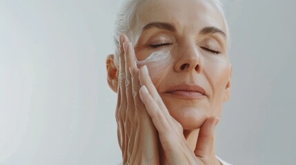 A woman applies cream to her face