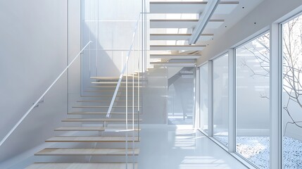 Obraz premium Zigzag staircase with metal treads and wooden handrails 