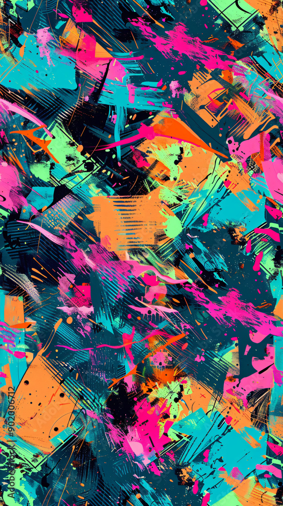 Poster Dynamic composition bursting with vibrant colors and expressive brushstrokes in an abstract seamless pattern