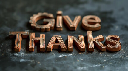 Intricate wooden "Give Thanks" text on a dark surface, perfect for rustic Thanksgiving celebrations and nature-themed designs