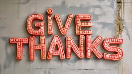 Red brick "Give Thanks" text on a grey wall, perfect for Thanksgiving celebrations and urban design concepts