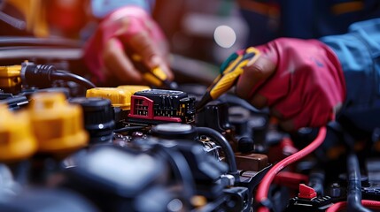 Technician carefully inspecting and repairing the car battery in an auto repair shop, highlighting the importance of regular maintenance