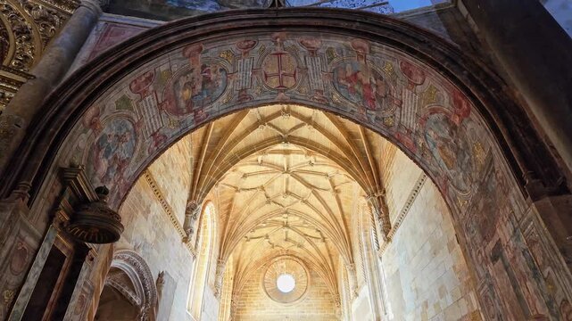 Interior view at the Charola of the Convent of Christ, magnificent Knights Templar architecture, round church altar, paintings and very peculiar ornaments, Tomar Portugal
