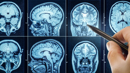  CT scan with brain and doctor's hand. Medical, science and mri brain background. Magnetic...