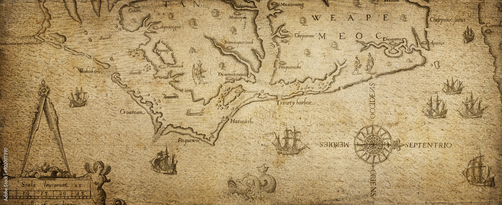 Poster old geographical map of the world of the 18 century. collage. a good background for design on the th