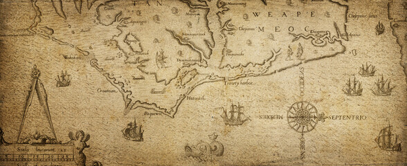 Old geographical map of the world of the 18 century. Collage. A good background for design on the theme of travel, geography, history, voyage, etc. Ancient map background.