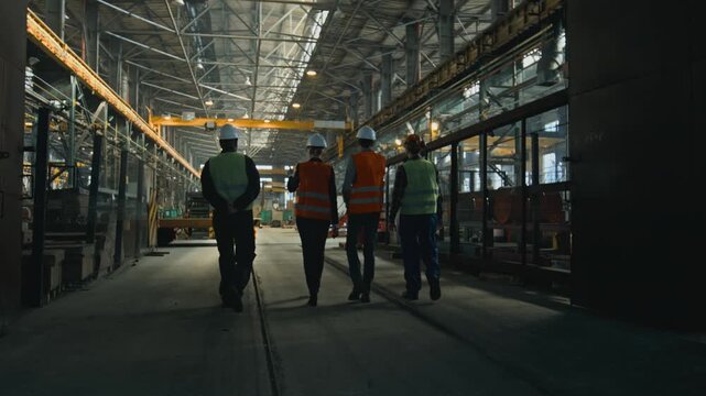 Back view of four heavy industry technicians in uniform and helmets discussing production process, walking at manufacturing plant. Male and female inspectors talk to employees in factory. Slow motion.