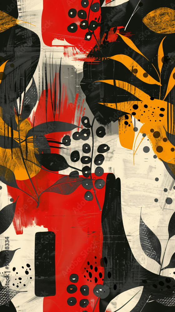 Poster contemporary and bold abstract seamless pattern featuring a vibrant color palette of red, black, yel