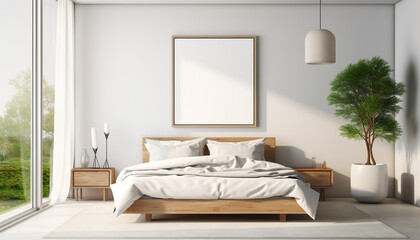 Modern Scandinavian bedroom minimal decor with empty frame