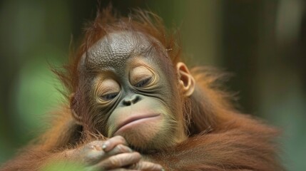 A baby orangutan is sleeping with its head resting on its mother's shoulder