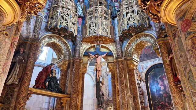 Interior view at the Charola of the Convent of Christ, magnificent Knights Templar architecture, round church altar, paintings and very peculiar ornaments, Tomar Portugal