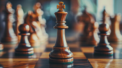 Close-up of a wooden chess king piece on a chessboard, representing strategy, power, and leadership in the game.