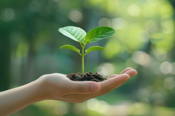 Hand Holding Small Plant with Soil in Green Garden