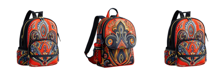 set of stylish school backpack with detailed stitching and patterns isolated on transparent background  (2)