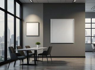 Blank white poster on light grey wall in modern open space office. 