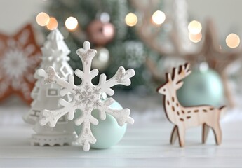 White Snowflake Ornament With Reindeer and Christmas Tree