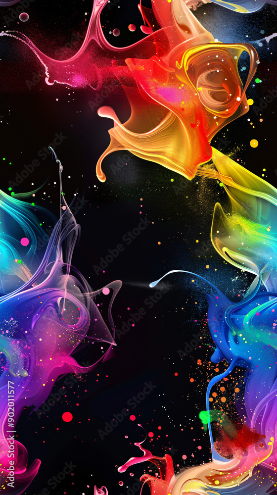 Aufkleber Vibrant and dynamic visual of colorful liquid paint splashing and blending in abstract form against a dark backdrop
