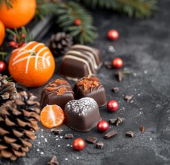 Tangerines, Chocolate, and Pine Cones on a Dark Surface