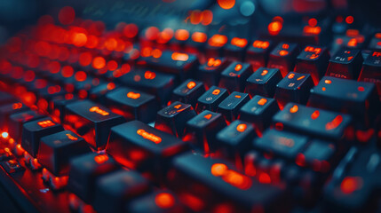 Fototapeta premium Close-up of a gaming keyboard with red backlighting, highlighting keys and dynamic lighting effects.