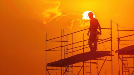 Silhouette of a construction worker standing on a scaffold with a bright orange sunset in the background.