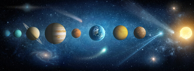 Solar system- Sun, Mercury, Venus, planet Earth, Mars, Jupiter, Saturn, Uranus, Neptune.. Space panorama of the universe. Elements of this image furnished by NASA