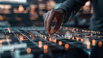 A hand interacts with a high-tech digital interface featuring illuminated data points and grids, symbolizing technology and data analysis.