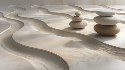 Balanced white stones on wavy textured surface creating zen-like atmosphere. Minimalist spa setting with smooth pebbles. Concept of harmony, balance, and meditation.
