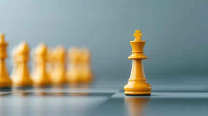 A yellow chess king stands prominently on a chessboard with blurred pieces in the background, symbolizing leadership and strategy.
