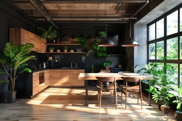 Fototapeta premium Contemporary Kitchen with Wooden Cabinets and Greenery