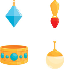 Collection of classic, colorful, vintage toy icons isolated on white background