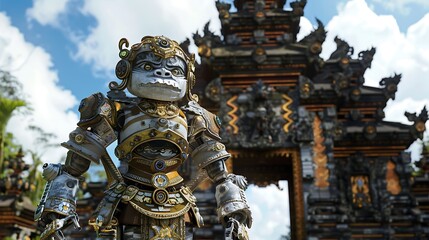 Obraz premium Traditional Balinese temple guard robot featuring intricate clothing and ceremonial keris posed in front of the elaborately carved temple gate reflecting cultural heritage