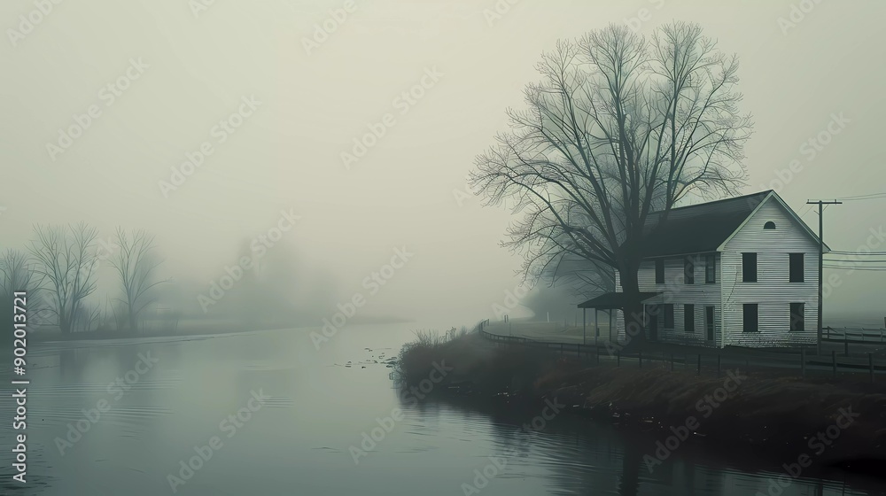 Poster misty morning on the lake