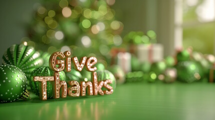 Golden glitter "Give Thanks" text with green decorations and bokeh lights, perfect for festive Thanksgiving celebrations and holiday