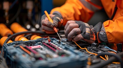 Technician testing the voltage of a car battery, highlighting the careful procedures involved in maintaining a vehicle's electrical health