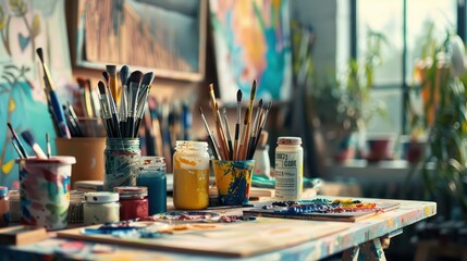 Fototapeta premium A home craft station with supplies like paint, brushes, and fabrics
