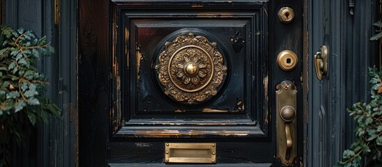 Ornate Brass Door Hardware on a Black Door