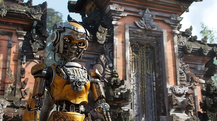 Robot dressed as a Balinese temple guardian with ceremonial clothing and a keris positioned against a backdrop of a historically significant temple gate featuring intricate carvings