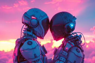 Two robots are hugging each other in a pink sky