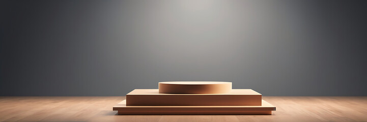 Wooden round podium for product presentation. Product showcase with sleek, wood, circular block