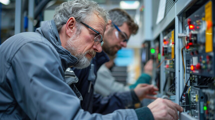 Obraz premium A senior technician in glasses and work attire focuses intently on repairing electrical equipment in a high-tech facility.