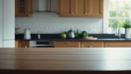 Blurred kitchen background with wooden countertop in the foreground.