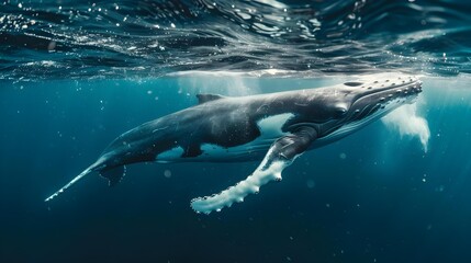 Naklejka premium A Baby Humpback Whale Playing Near the Surface