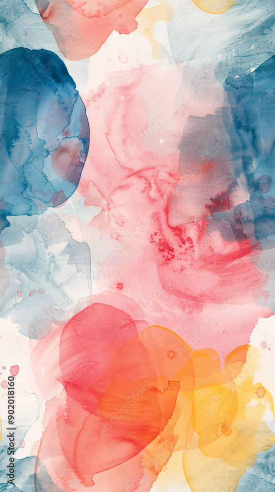 Poster Seamless pattern of watercolor blobs in pink, blue, orange and yellow hues, perfect for adding a touch of art to any project
