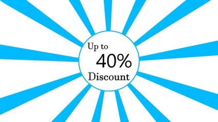 40% discount blue lines sunburst rotating on white background.