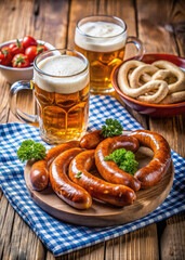 German sausages and a glass of beer on the table against the background of the German city, Oktoberfest, restaurant, pub, cafe, dish, Munich, national food, Bratwurst, meat, beef, delicious