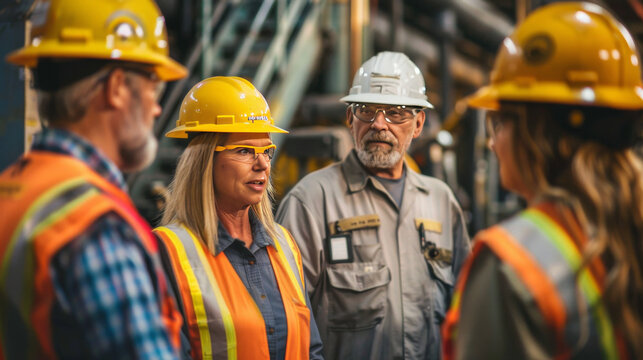 Group of industrial workers in safety gear discussing operations in a factory setting, highlighting teamwork and safety protocols.