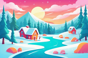 Naklejka premium Cozy winter cabin in snowy forest at sunset.