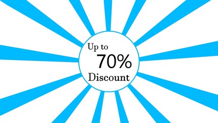 70% discount blue lines sunburst rotating on white background.