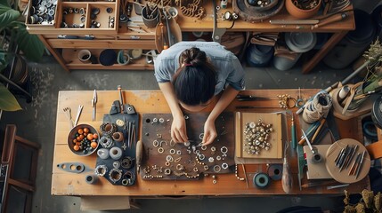 High angle view of female artisan making jewel